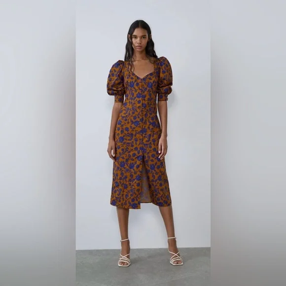 Zara Poplin long floral midi skirt dress - Picture 1 of 17